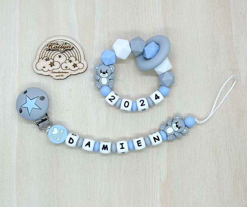 Schnullerkette Mit Name Und Greifling Bär Set Geburtsjahr Jungen Aus Silikon + Adaptor Ring von Etsy - Handmadekatlyn