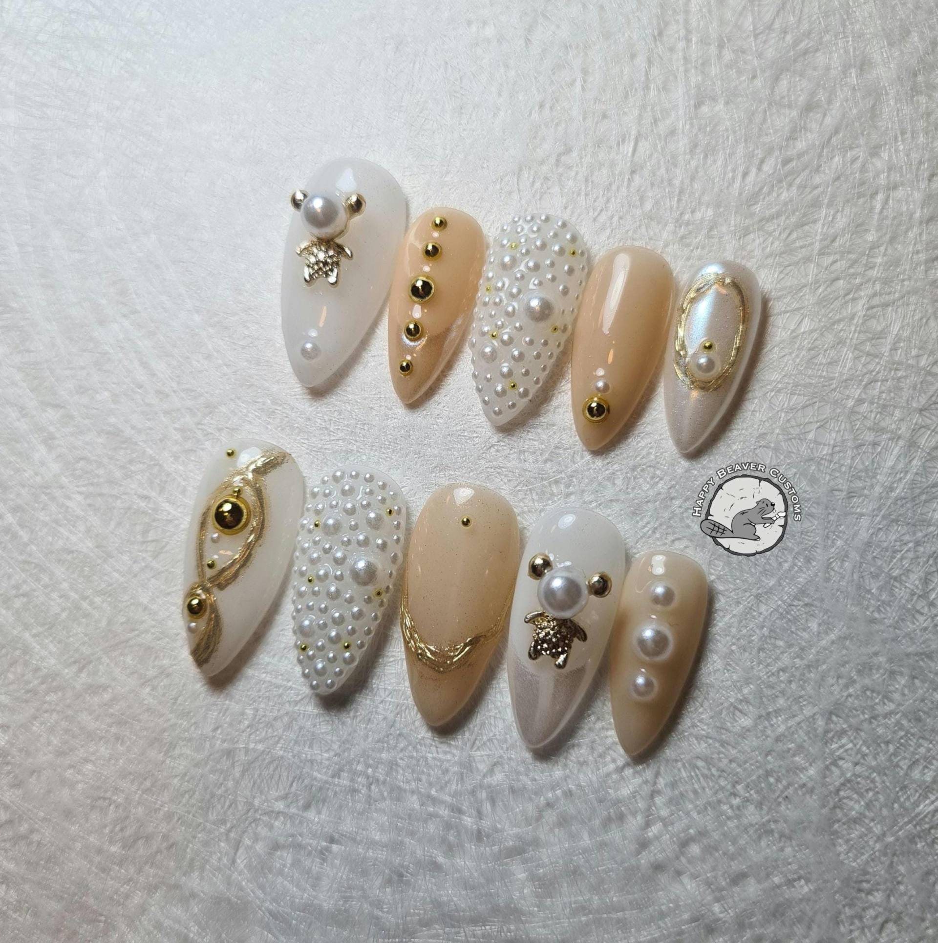 3D Press On Nails, Goldene Perle Teddybärnägel, Braune Cremig Beige Milchig Weiße Nägel, Lange Gel Nagel Set, Herbst Kunstnägel von Etsy - HappyBeaverCustoms