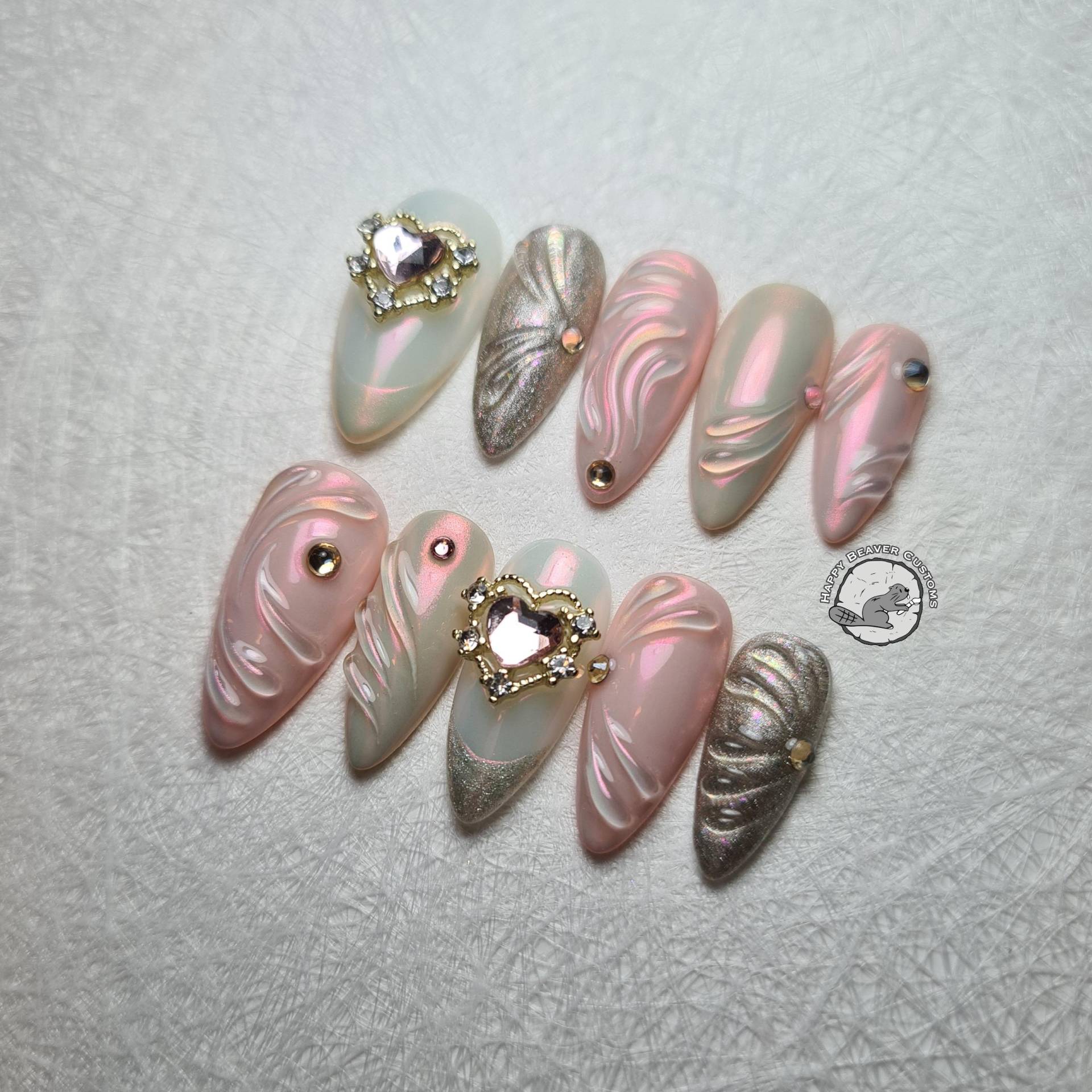 Ethereal Valentine's 3D Press On Nails, Pink Biege Weiße Freestyle Falsche Nägel, Gel Nagel, Fairy Princess Kokette Girly Nägel von Etsy - HappyBeaverCustoms