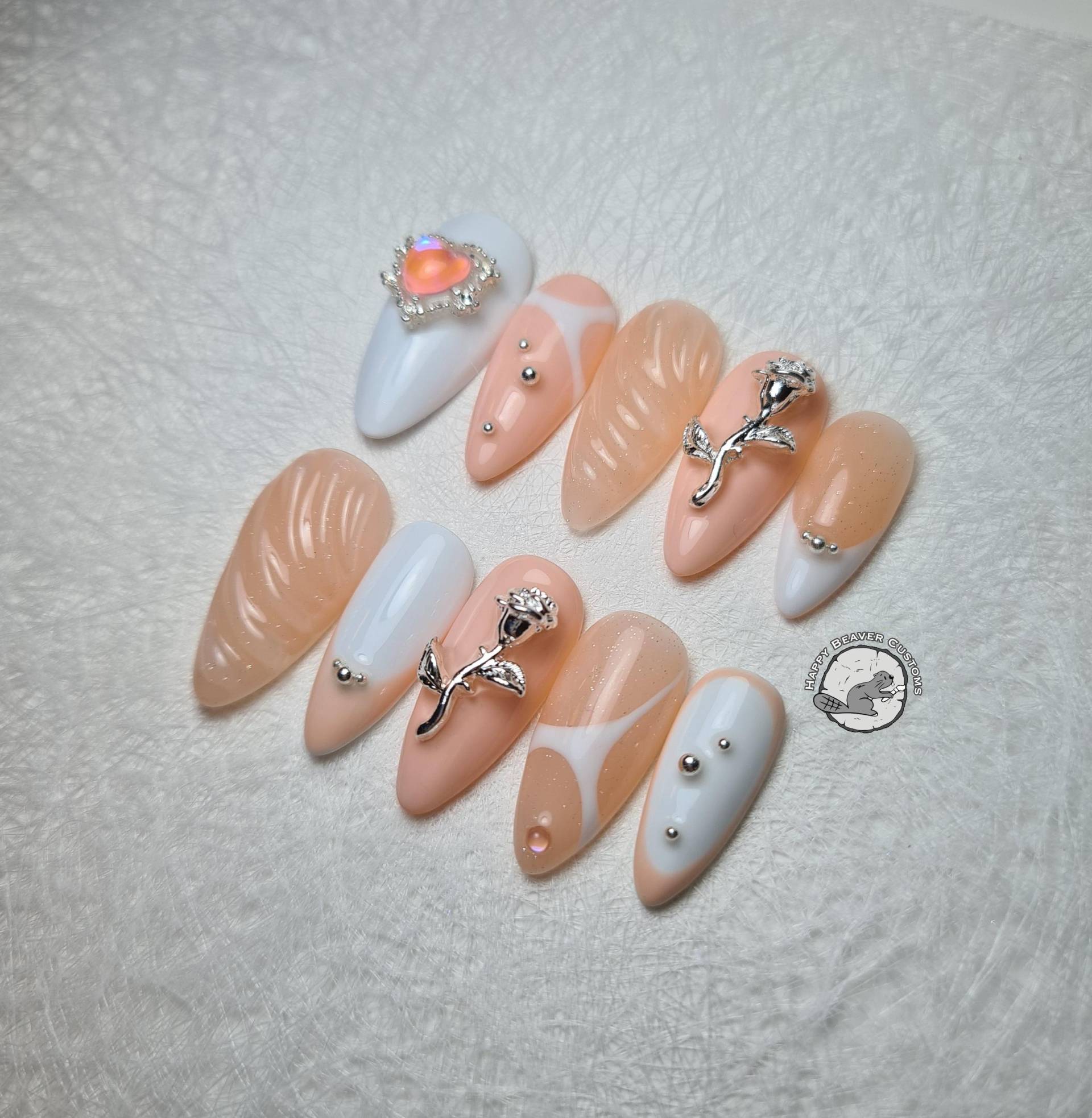 Freestyle 3D Press On Nails, Fairy Princess Lange Nägel, Rosen Orange Pfirsich Koralle Weiß Silber Mandelnägel, Federnägel, Gel Nagel von Etsy - HappyBeaverCustoms