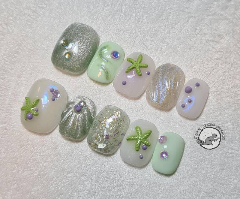 Freestyle 3D Press On Nails, Sea Ocean Starfish Nägel, Kurze Grünes Katzenauge Weiß Lila Gel Nagel, Mermaid Translusent Nägel von Etsy - HappyBeaverCustoms