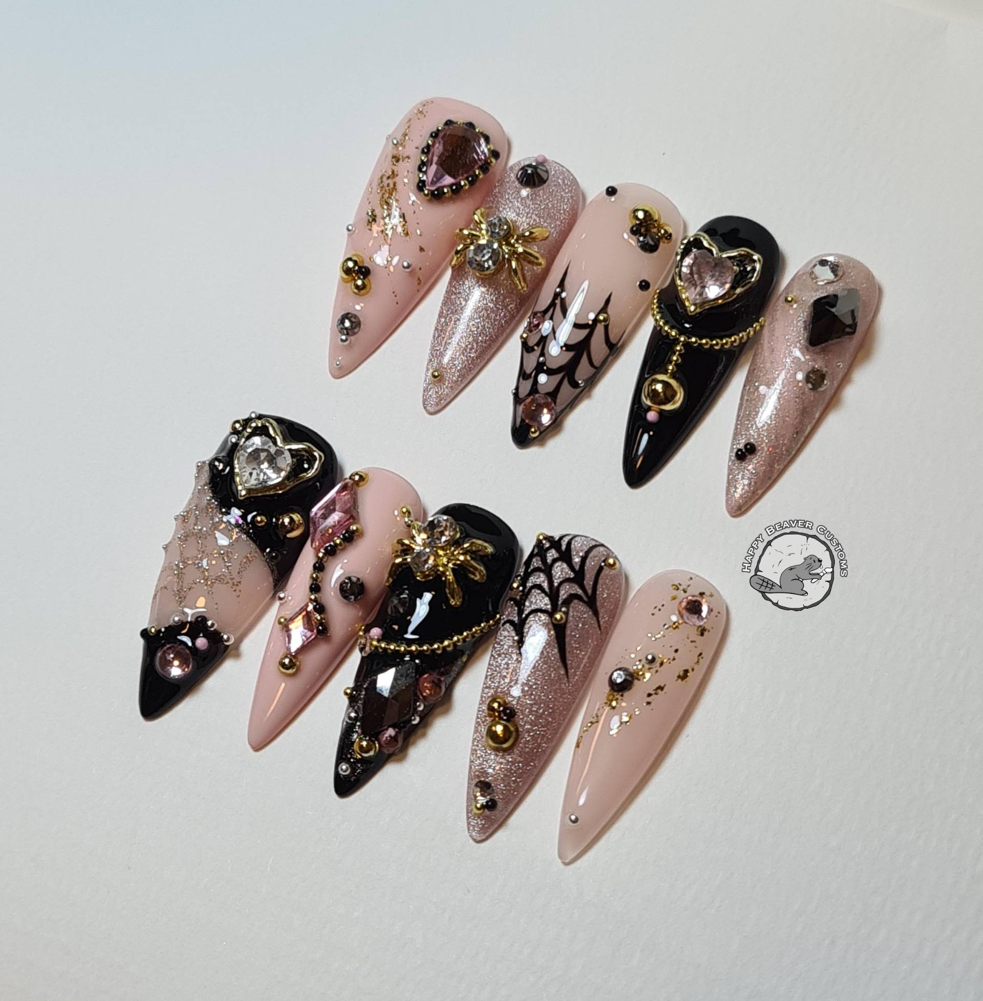 Halloween Spinne 3D Press On Nails, Glänzende Freestyle-Nägel, Party-Lange Stiletto-Nägel, Roségold-Schwarz-Nägel, Gel-Nagel, Y2K-Kristallnägel von Etsy - HappyBeaverCustoms