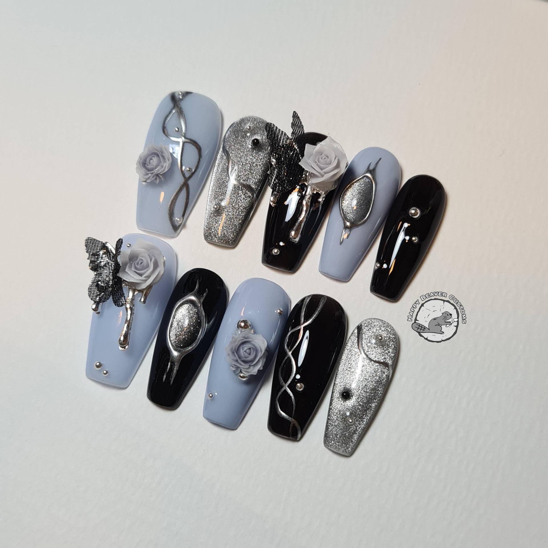 Organza Schmetterling 3D Press On Nails, Schwarz Blau Lange Nägel, Gel Nagel, Glänzende Glänzende Blumennägel, Halloween Y2K Coffin Nägel Transluzent von Etsy - HappyBeaverCustoms