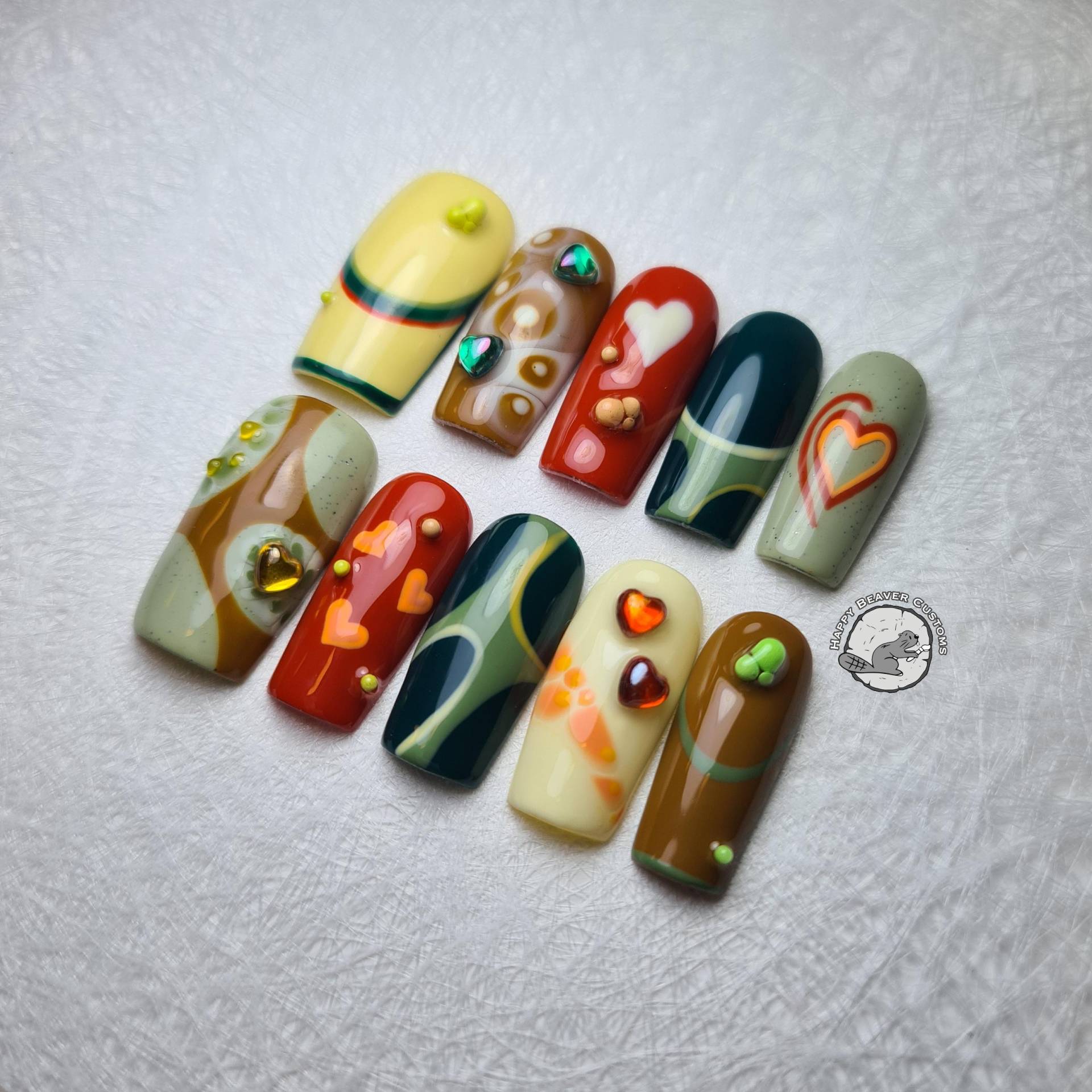 Valentine's Freestyle 3D Press On Nails, Abstrakte Y2K Nägel, Dunkelgrüne Gelbe Terrakottarot-Orange-Nägel, Gel Nagel, Grunge Funky Nägel von Etsy - HappyBeaverCustoms