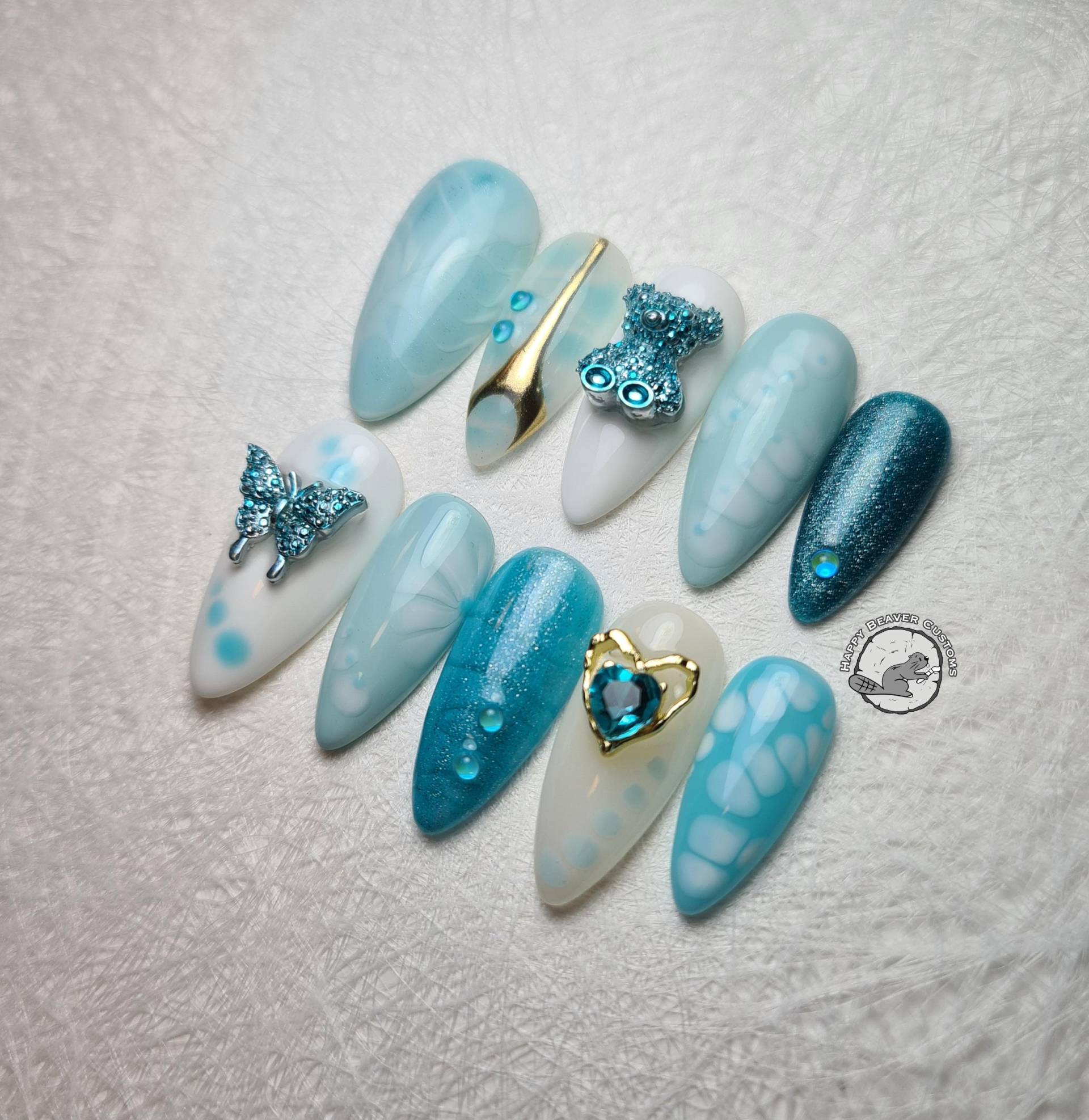 Freestyle 3D Press On Nails, Herzen Teddybären Schmetterlinge Nägel, Blau Türkis Weiß Glänzend Lange Gel Nagel, Süße Nägel von Etsy - HappyBeaverCustoms