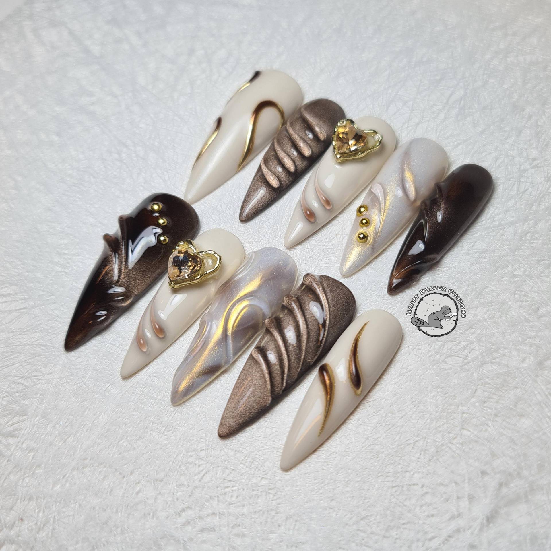 3D Press On Nails, Falsche Freestyle-Nägel, Braune Elegante Nägel, Lange Stiletto-Nägel, Funkelnde Glitzer-Party-Glam-Nägel, Gel-Nagel von Etsy - HappyBeaverCustoms