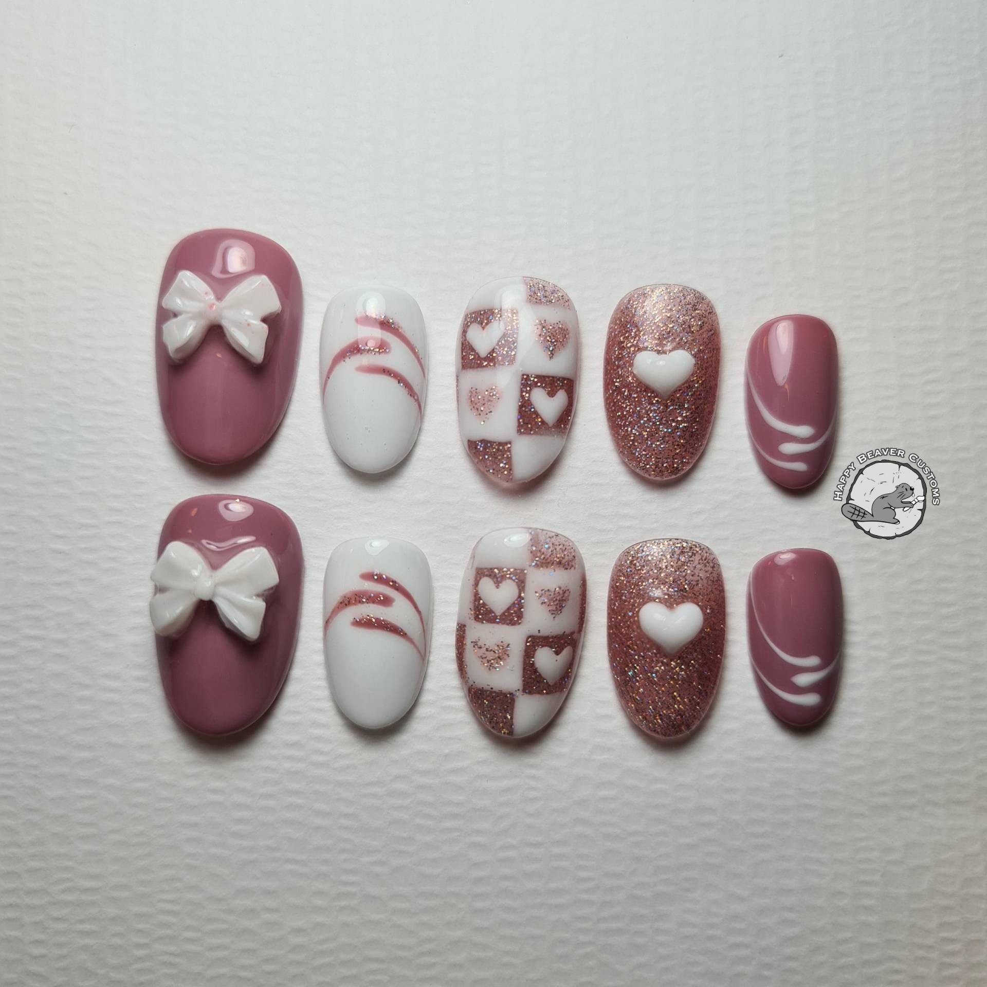 st.valentine's 3D Press On Nails Mit Herzen, Freestyle Nägel, Dusty Wein Lila Weiße Ovale False Gel Nagel Set, Glänzende Gliter Nägel von Etsy - HappyBeaverCustoms