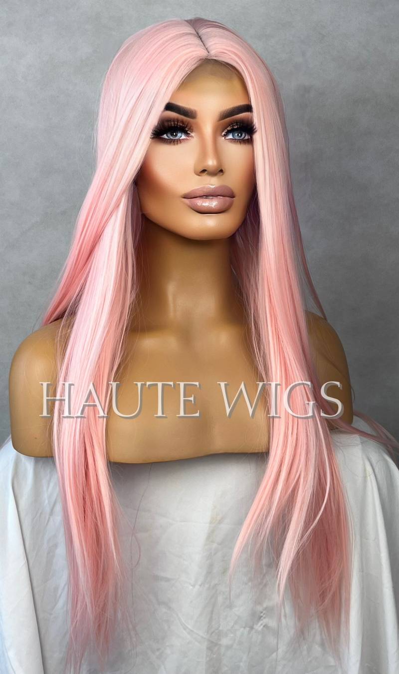 28 Zoll Lace Front Baby Powder Rosa Damen Perücke Cotton Candy Hellrosa Haare Mittelscheitel Gerade Perücken von Etsy - HauteWigs