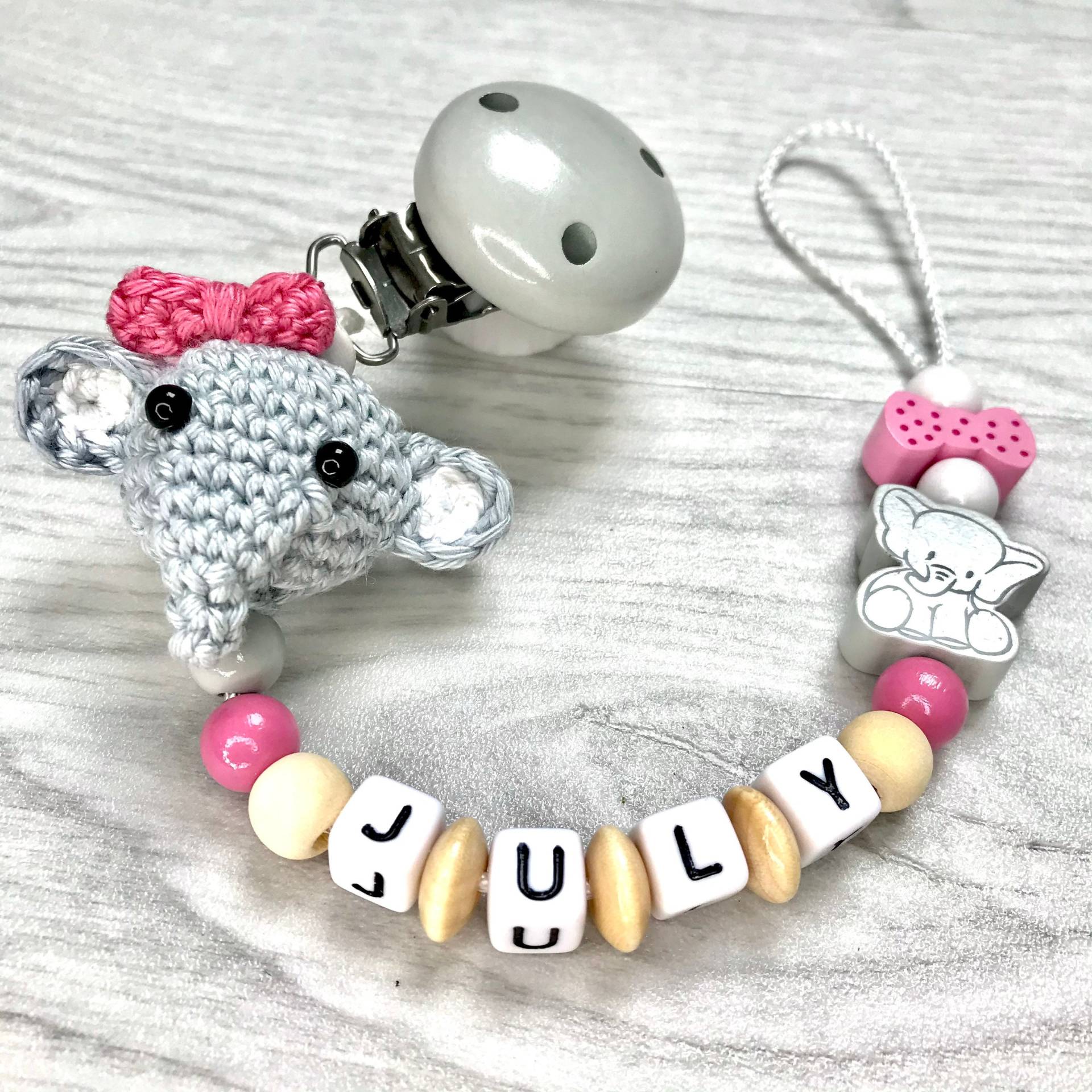 Schnullerkette Elefant, Pink, Mädchen, Wählbar Mit Name, Gehäkelte Details, Baby, Geschenk Zur Geburt Taufe von Etsy - HerzarbeitDE