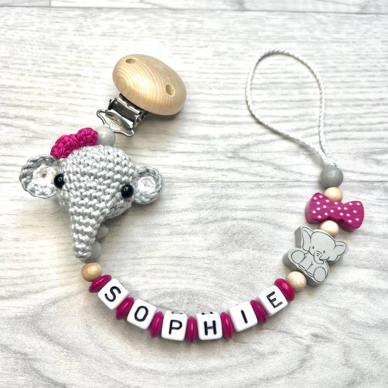 Schnullerkette Elefant, Pink, Mädchen, Wählbar Mit Name, Gehäkelte Details, Baby, Geschenk Zur Geburt Taufe von Etsy - HerzarbeitDE