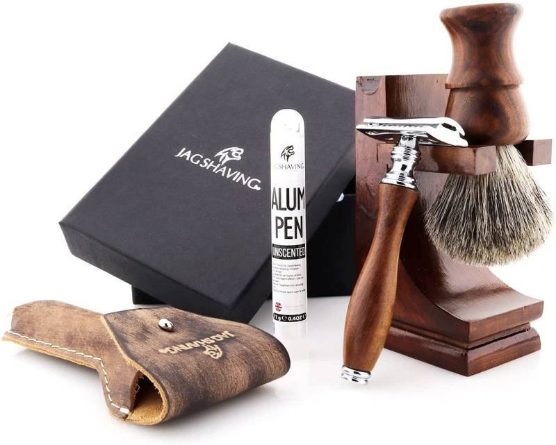 Herren Rasierset Mit Rasierhobel, Super-Haarbürste, Ständer, Lederbeutel Und Alaunstift. Perfektes Geschenkset Für Männer von Etsy - JAGSHAVING