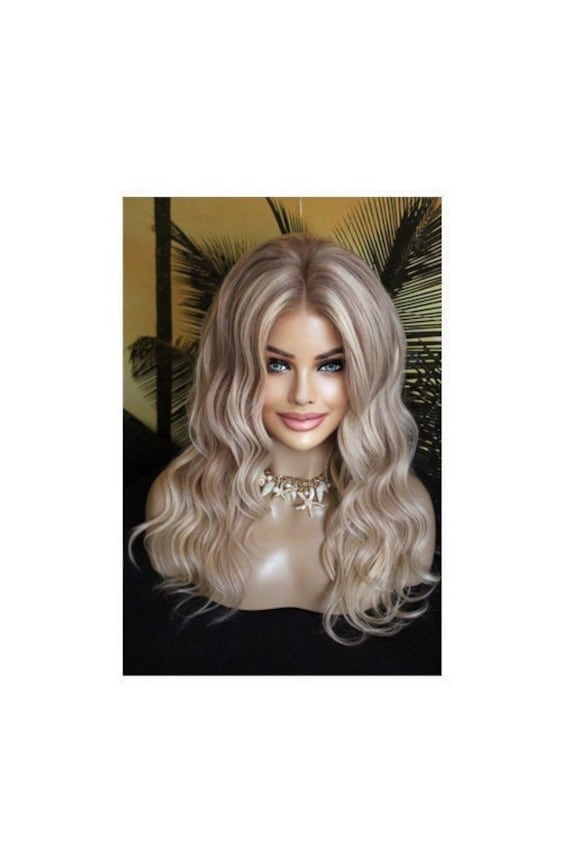 Perücke Remy Echthaar 100% Lace Wig Gewellt Lang Langhaar Blond Hellblond Aschblond Champanger 13x4 Puderton Sandblond Highlights Strähnchen von Etsy - JLWLaceWigPeruecken