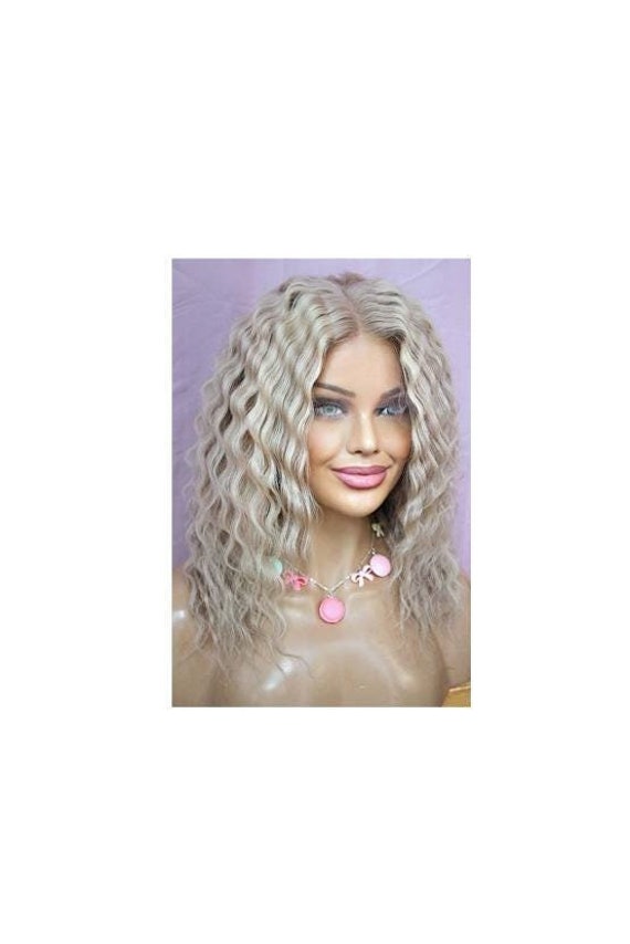 Perücke Remy Echthaar Front Lace Wig Gewellt Wellig Halblang Bob Longbob Blond Grau Hellblond Weißblond Highlights Strähnchen Aschblond von Etsy - JLWLaceWigPeruecken