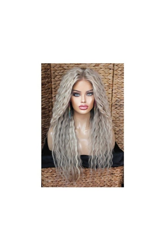 Perücke Remy Echthaar Front Lace Wig Gewellt Wellig Lang Blond Grau Hellblond Graublond Weißblond Highlights Strähnchen Aschblond Champanger von Etsy - JLWLaceWigPeruecken