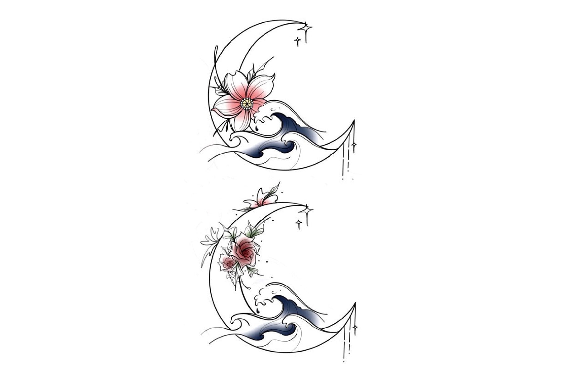 Welle Mond Temporäre Tattoo, Ozean Wellen Blumen Festival Tattoos, Tattoo von Etsy - JUZIgift