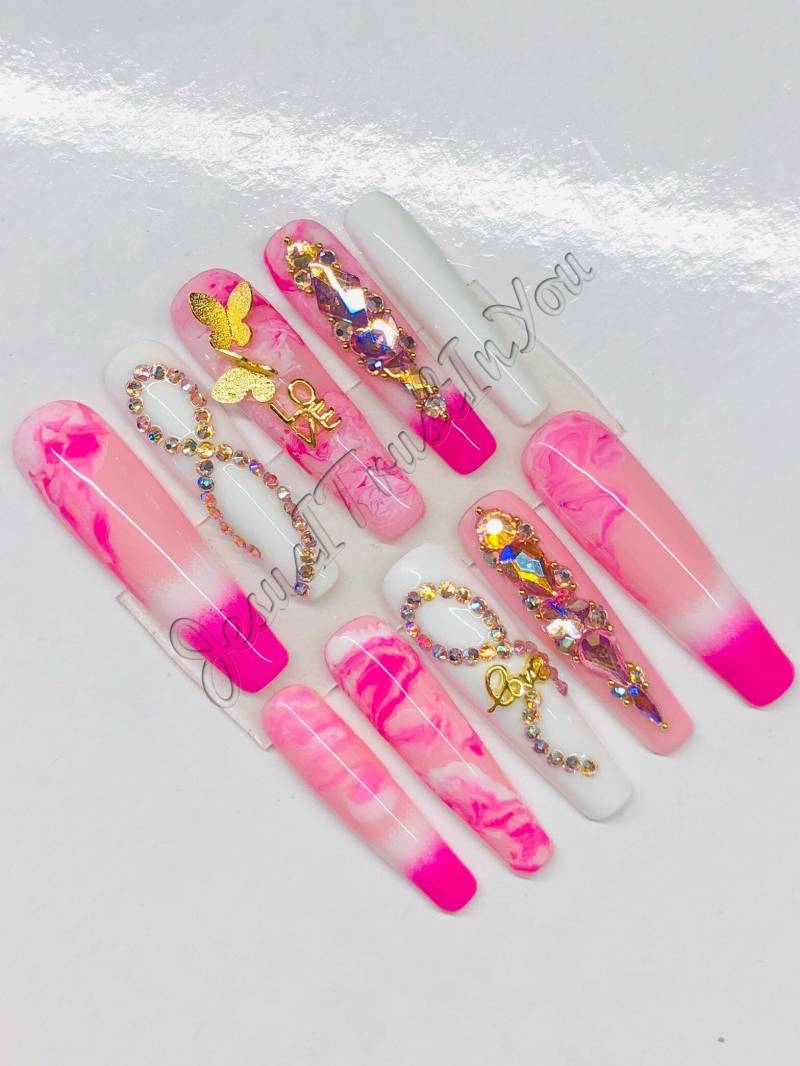 Brustkrebs-Bewusstsein - Xxl Ballerina Gel Press On Nails | Wiederverwendbare Nägel Lange Geschenke Für Sie| Strasssteine Makartt Dnd von Etsy - JesusItrustInYouCo