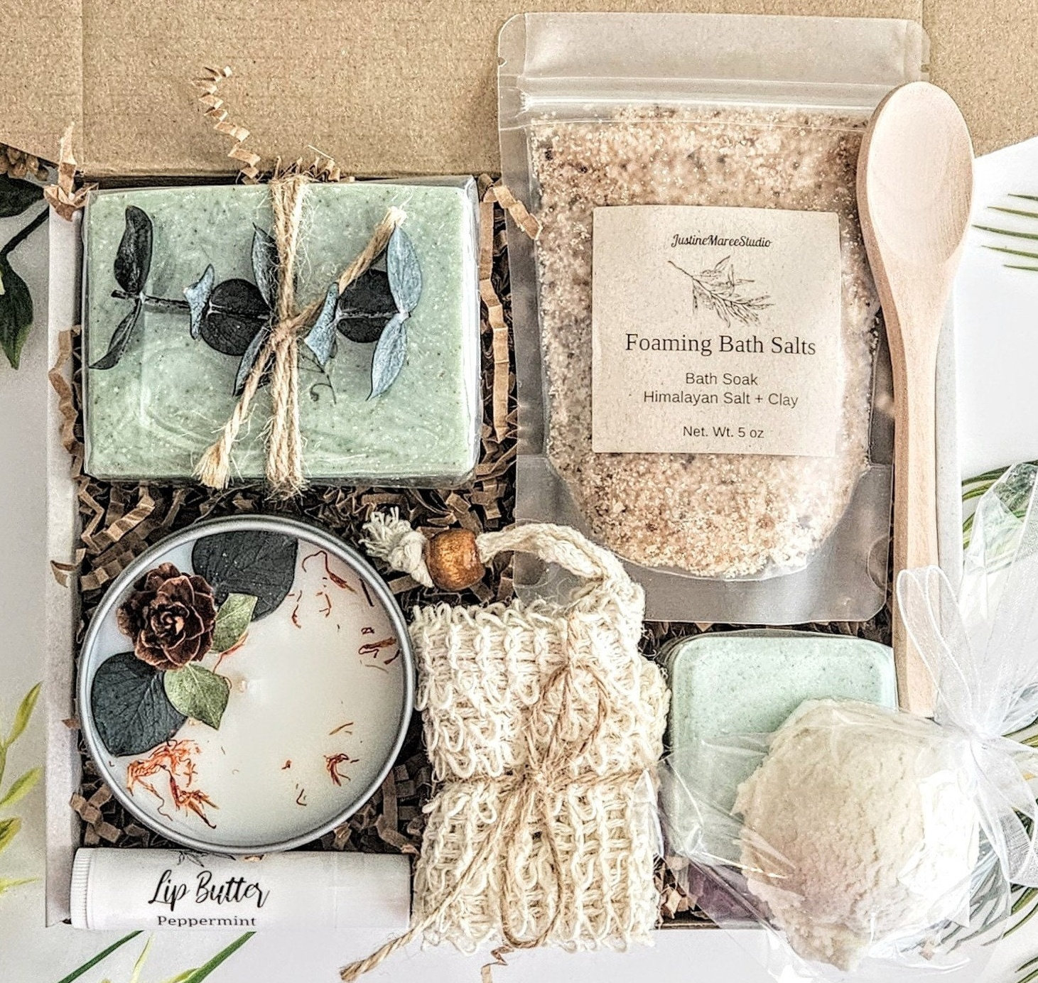 Handgefertigte Spa-Geschenkbox - Stressabbau Geschenk Für Sie | Selbstfürsorge Geburtstag Shea + Kakaobutter Tonseife Kerze Schäumendes Badesalz von Etsy - JustineMareeStudio