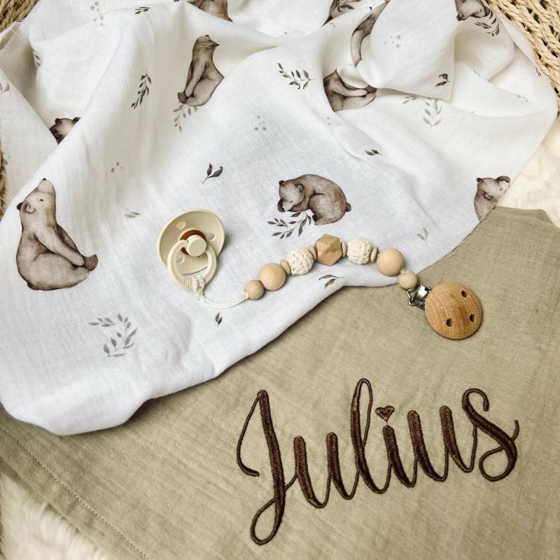 2Er Set Musselintuch Baby - Geschenkset Zur Geburt Spucktuch Personalisiert Mulltuch Bären Teddybär von Etsy - Kejki