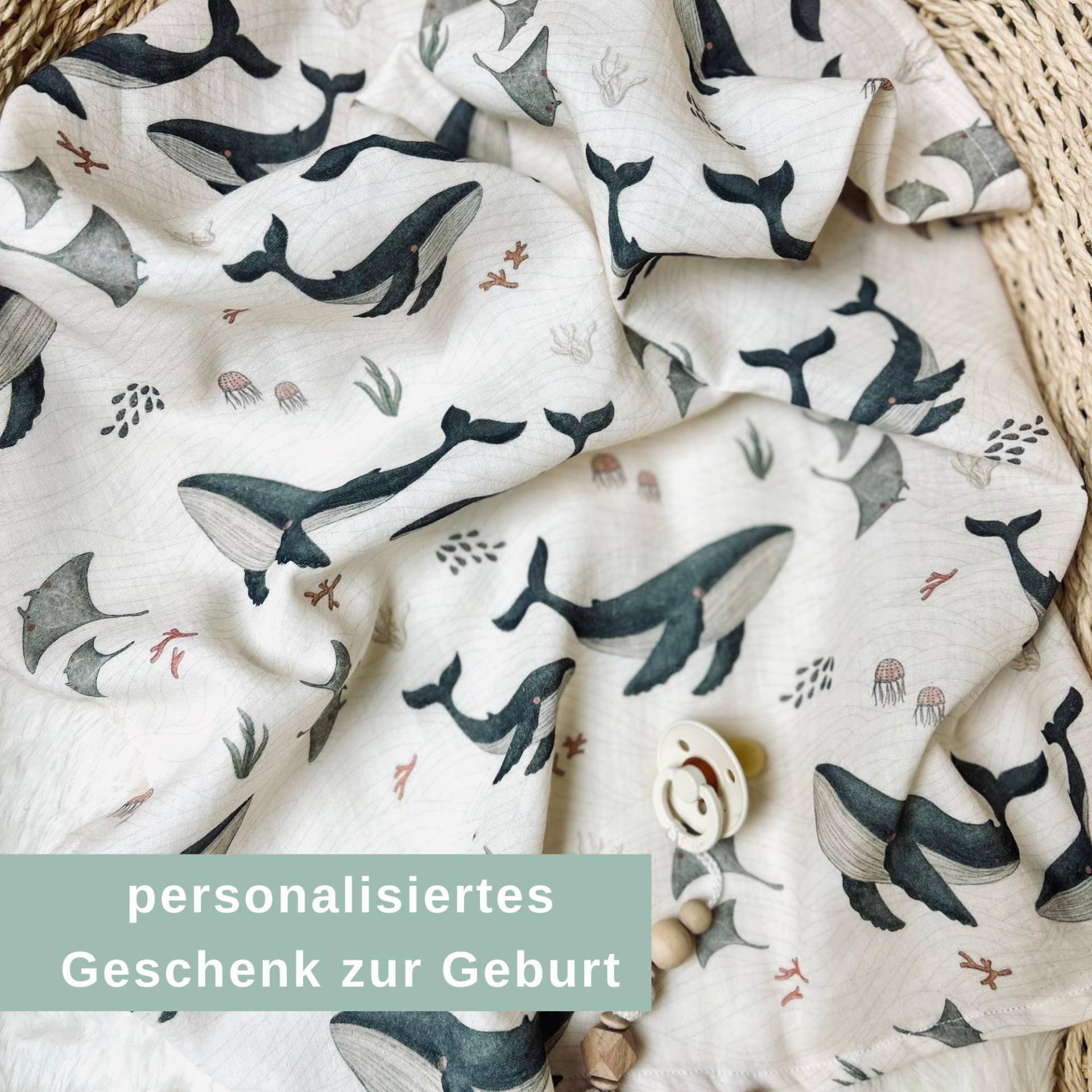 Musselintuch Baby - Geschenk Zur Geburt Spucktuch Personalisiert Mulltuch Wale Meerestiere Unterwasserwelt Ozean von Etsy - Kejki