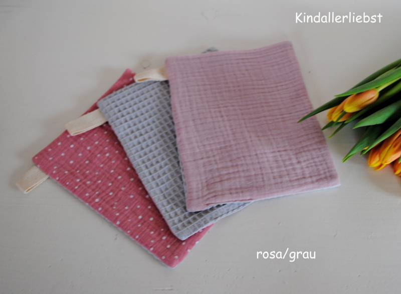 Waschlappen 3-Set 100%bw Waffelpiquestoff Musselin Rosa/Grau von Etsy - Kindallerliebst