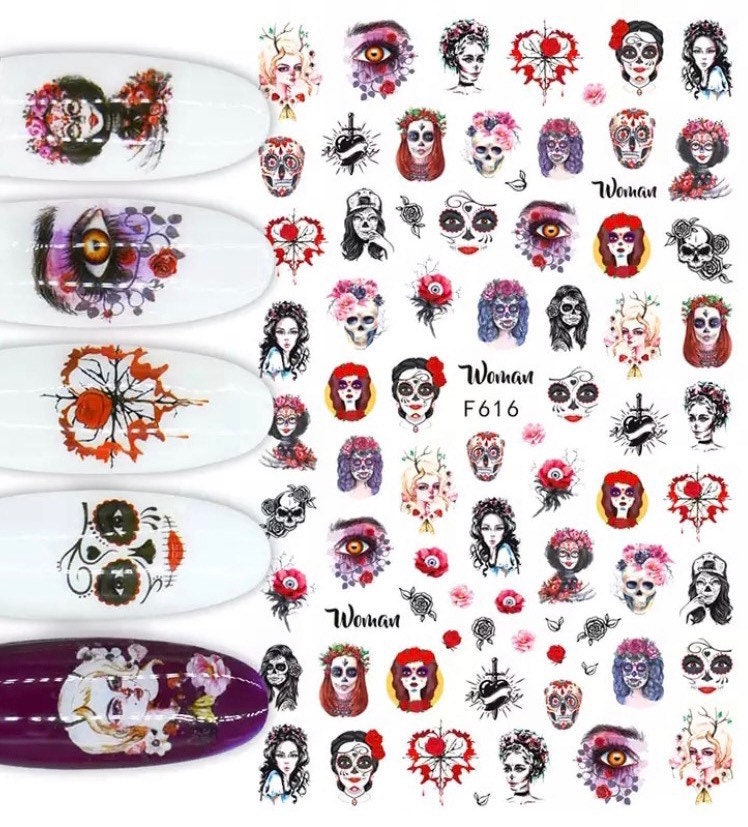 Halloween, Gruselige Frau, Augen, Totenkopf Und Blumen - Nail Art Set Sticker von Etsy - KitschyNails