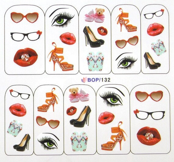 Wasser Transfer Nail Sticker, Nagel Aufkleber, Sonnenbrille, Lippen, Augen Und High Heels Art, Dekoration von Etsy - KitschyNails