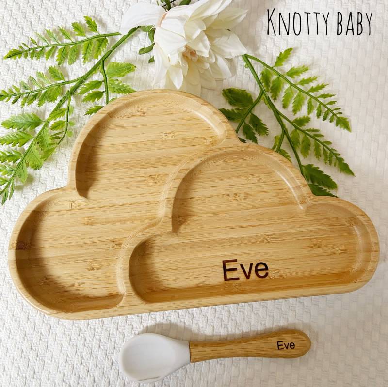 Marmorweißes, Personalisiertes, Lasergraviertes Bambus-Wolken-Baby-Futterteller-Set Mit Silikonsauger, Löffel, Geschenk, Trainingsteller von Etsy - KnottybabyCrafts