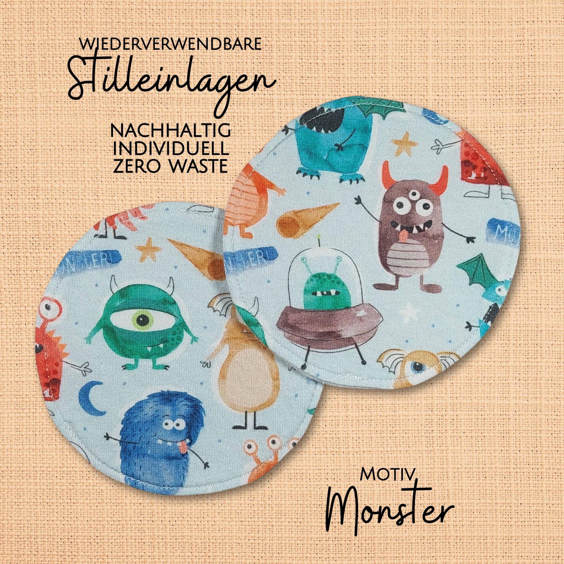 Waschbare - Wiederverwendbare Stilleinlagen Stillpads Aus Bio Öko Baumwolle "Monster" von Etsy - Kristallnadel