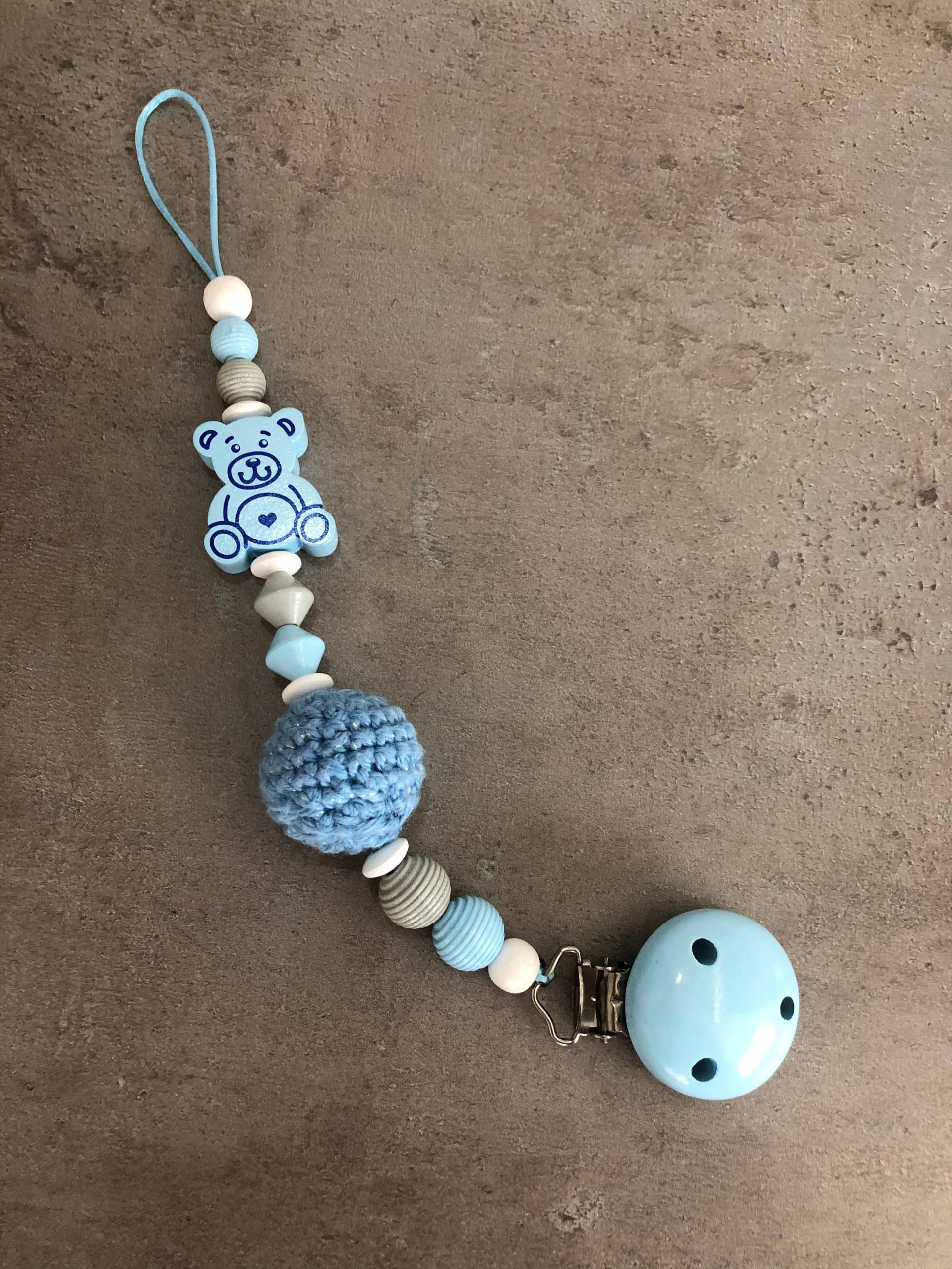 Schnullerkette Blau, Grau, Weiß Mit Häkelball von Etsy - LinasWonderCube