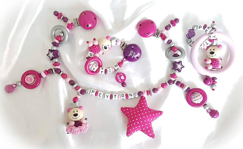 Kinderwagenkette Mit Namen - Geschenk Zur Taufe, Geburt | Set Kinderwagen-, Spiel- Und Schnullerkette Pink, Silber, Lila von Etsy - Lollebys