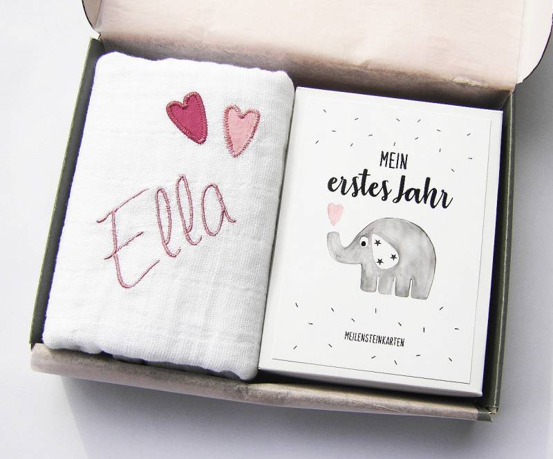 Kleines Babyset Herzifant Altrosa | Mit Name Baby Elefant Geschenk Zur Geburt Babyparty Meilensteinkarten Lätzchen Spucktuch von Etsy - LuMaluStore