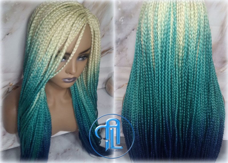 Box Braid Perücke Creme-Weiß Blond Seeblau Königsblau Zopf-Perücke Lang Ombre Cremegrün Türkis Blau Meerjungfrau Haar Multi Color von Etsy - LuxxxStyleBoutique