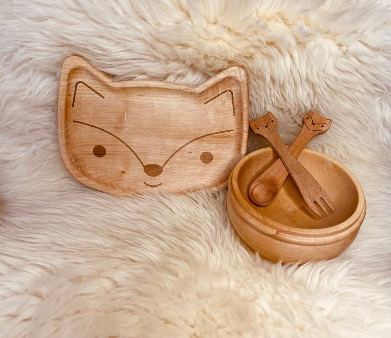 Holzteller-Set Fuchs, Panda, Regenbogen, Löwenbaby, Bärchen, Holzbesteck, Holzschale, Kinderteller, Kinderschale von Etsy - MIMWOODde