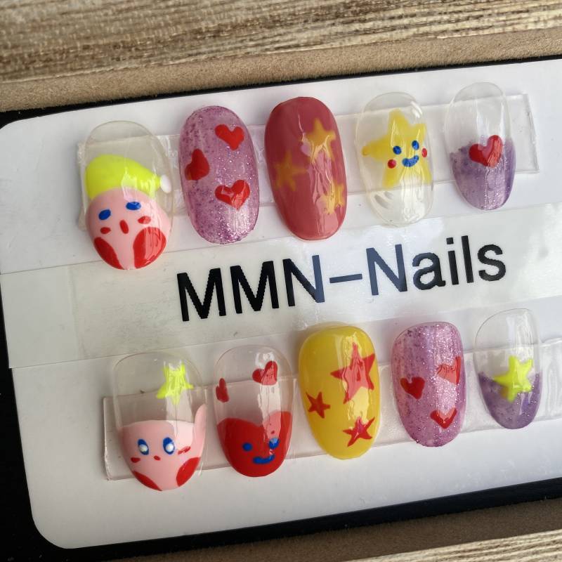 Set Von 10 Stück Nageldruck | Kirby Nägel Handdruck Cartoon Kawaii Sommer von Etsy - MMNnails