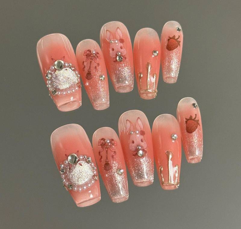 Blush Bunny Sparkle Press On Nails Manicure/Reusable Medium Coffin 20 Mm von Etsy - MYNAILPRESS