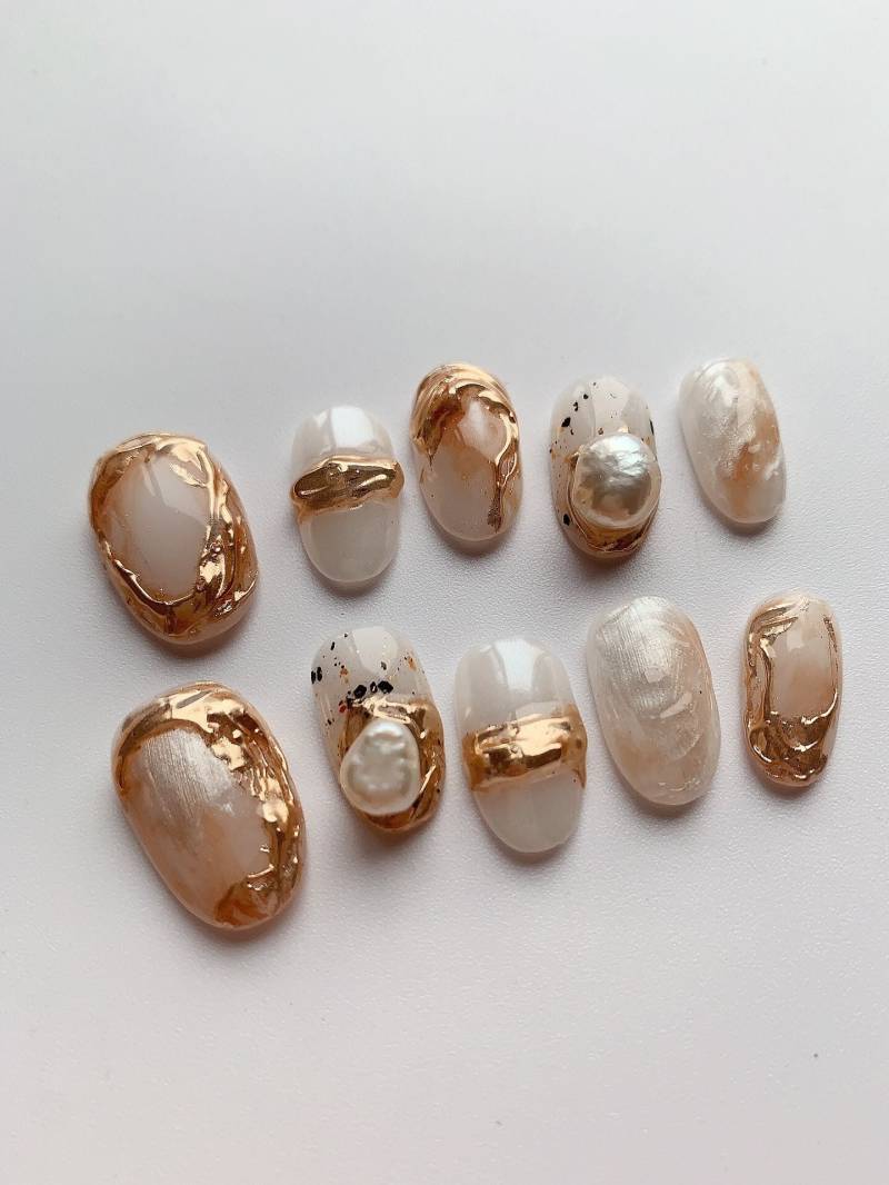 Chic Goldleaf Press On Nails Manicure/ Reusable/ Round Shape 18mm S Size von Etsy - MYNAILPRESS