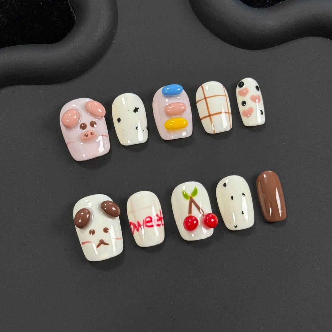 Cute Farm Animals & Sweet Treats Press On Nails Manicure/ Reusable Nails/Medium Squared Oval 18mm von Etsy - MYNAILPRESS