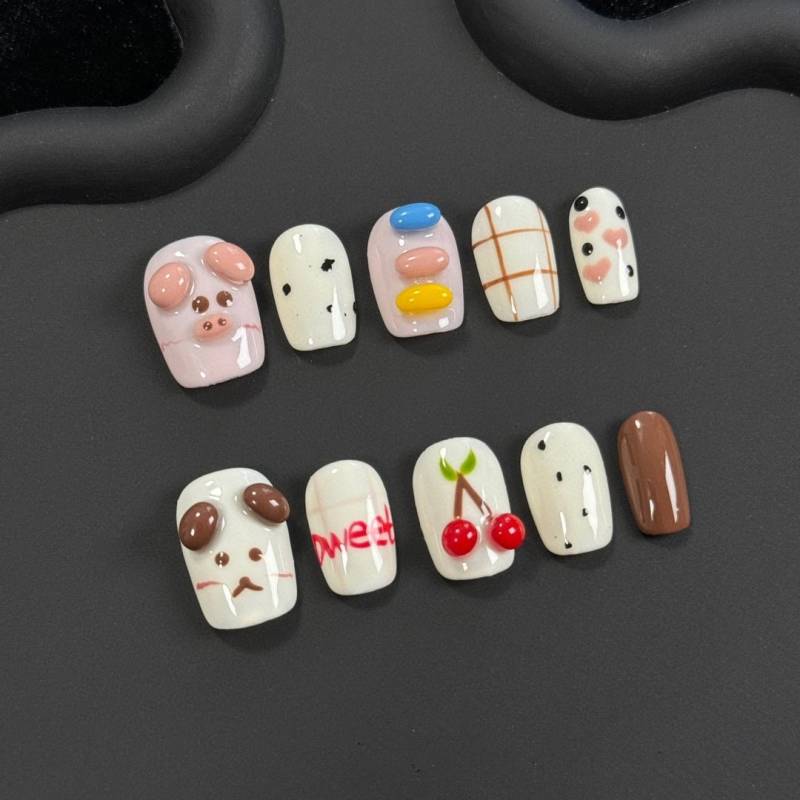 Cute Farm Animals & Sweet Treats Press On Nails Manicure/ Reusable Nails/Medium Squared Oval 18mm von Etsy - MYNAILPRESS