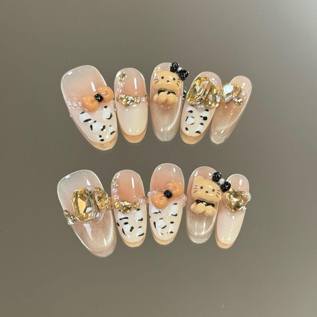 Golden Kitty Glam Press On Nails Manicure/ Reusable Nails/ Medium Stiletto 20 Mm von Etsy - MYNAILPRESS