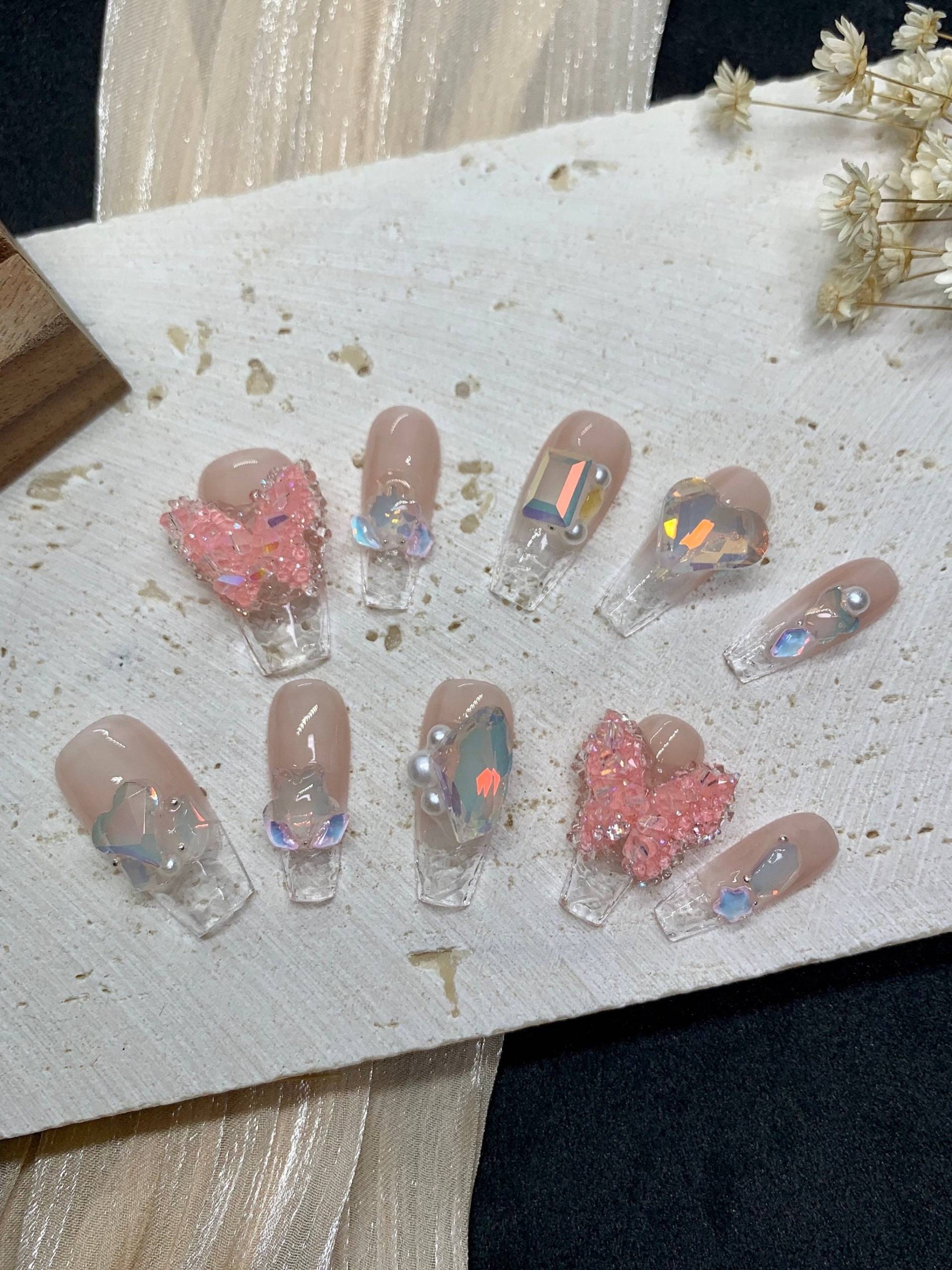 Pink Crysal Butterfly Press On Nails/ Transparent Crystal Reusable Medium Coffin Shape von Etsy - MYNAILPRESS