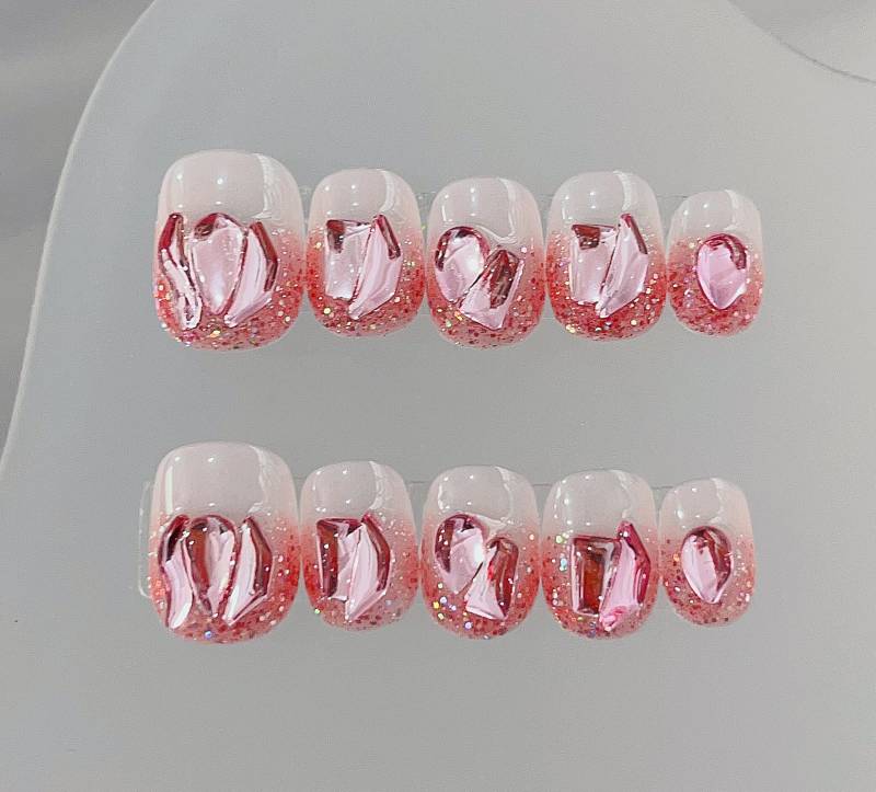 Pink Rhinestone Press On Nails Manicure/Reusable Short Squoval von Etsy - MYNAILPRESS