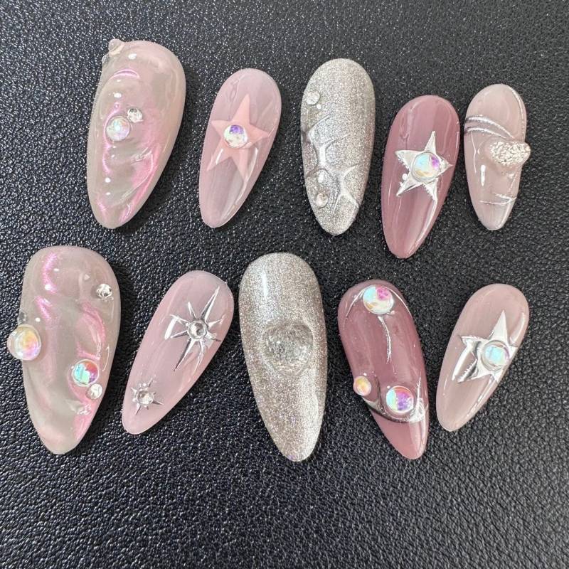 Pink Stardust Press On Nails Manicure/Reusable/ Almond Shape 22mm von Etsy - MYNAILPRESS