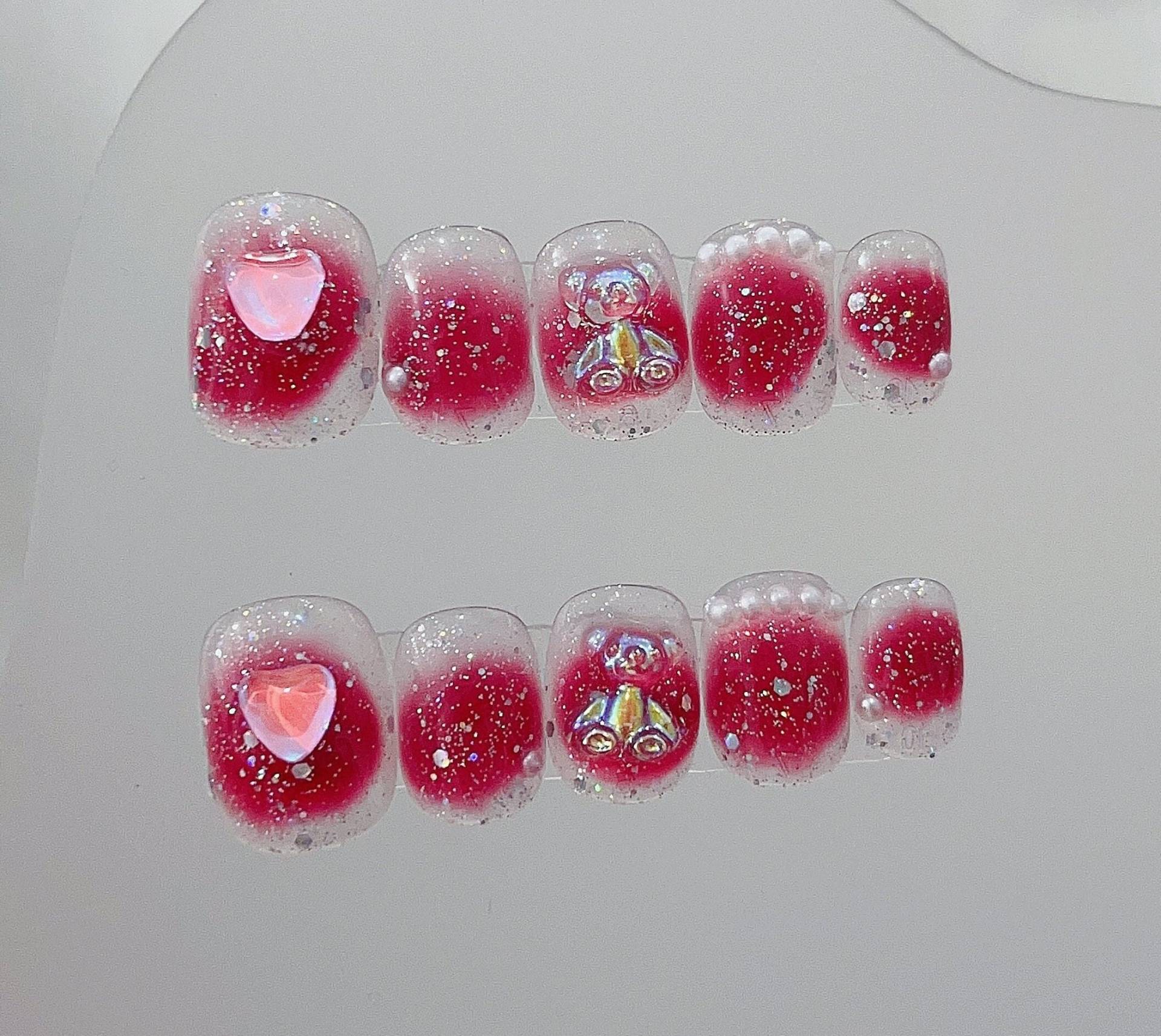 Red Ombre With Bear & Heart Décor Press On Nails Manicure/Reusable Short Squoval von Etsy - MYNAILPRESS