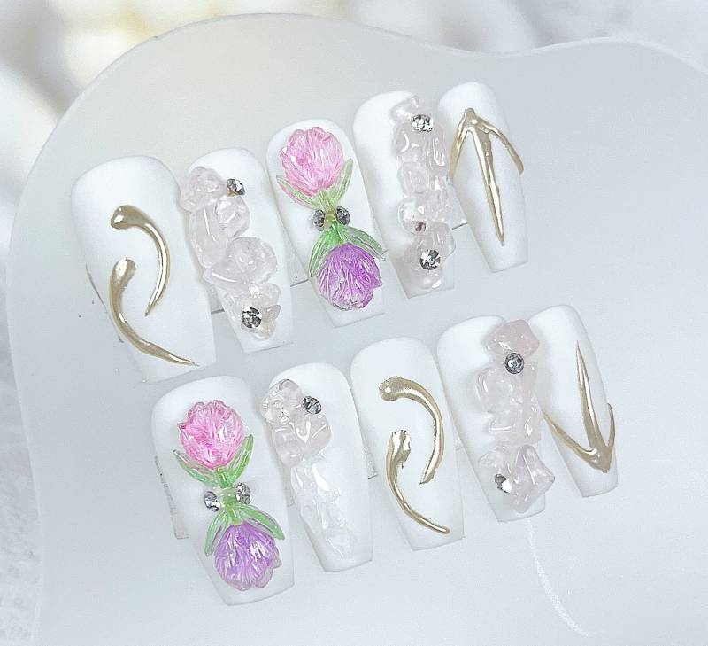 Romantic Spring Tulip Press On Nails Manicure/Reusable Medium-Long Coffin von Etsy - MYNAILPRESS