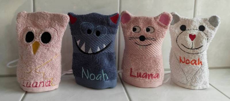 Frottee Waschhandschuh, Waschlappen, Bestickt Mit Wunschnamen Und Applikation Monster, Eule, Maus, Eisbär von Etsy - MaLuVonJacqueline