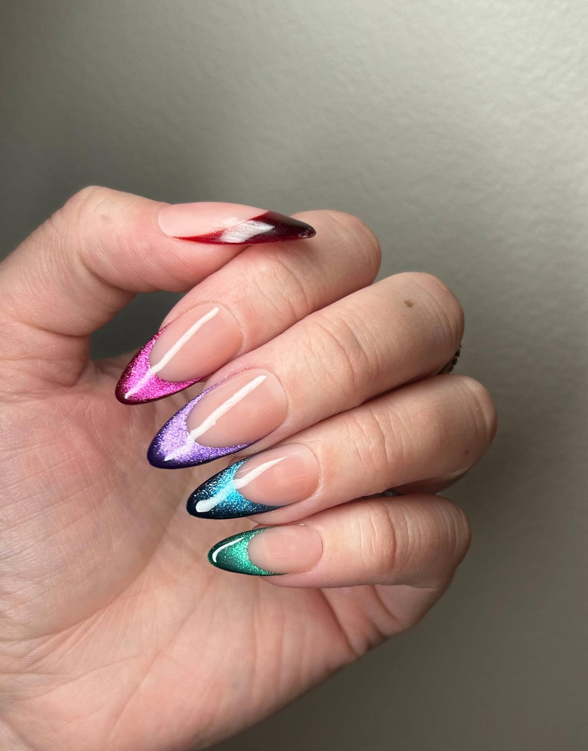 Edelstein | Bunte Samtige Katzenaugen French Tip Press On Nails Regenbogen Nägel Gel Elster von Etsy - MagpieNails