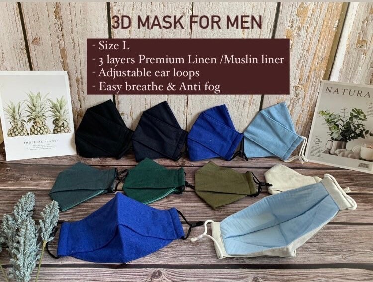 3D Gesichtsmaske| Origami Form, 3 Lagen Bio Leinen Musselin, Verstellbare Earloops, Anti Fog Easy Breathe Maske, Maske Für Männer Groß von Etsy - MapleDreamStore