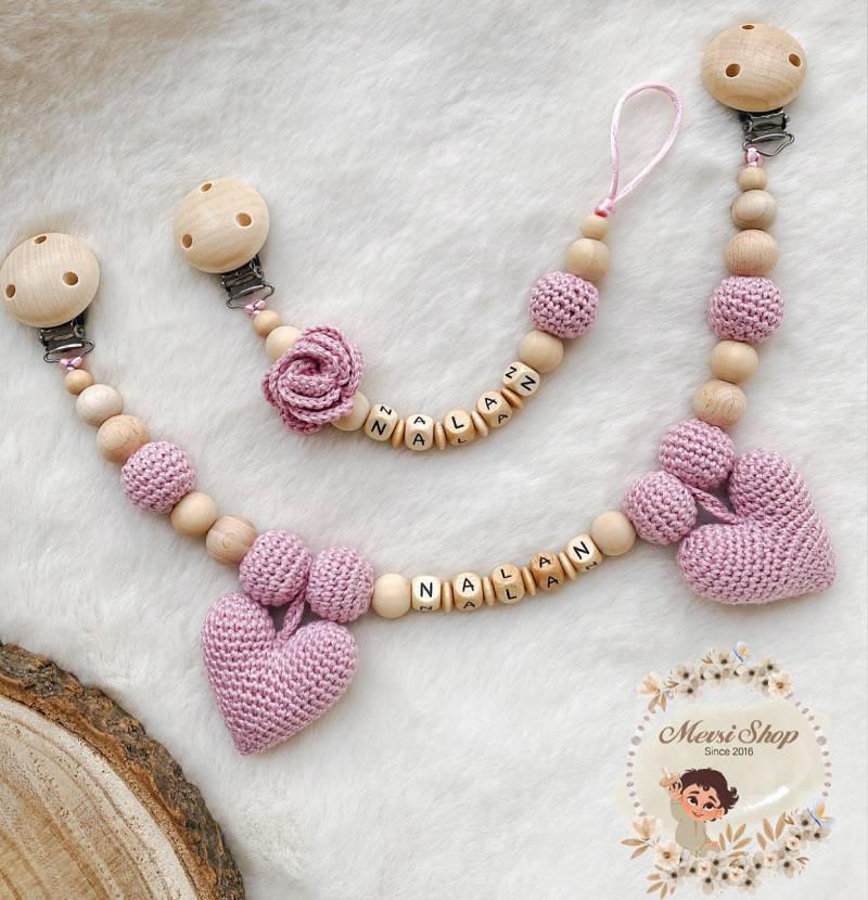 Schnullerkette Kinderwagenkette Herz Rose Natur von Etsy - MevSi