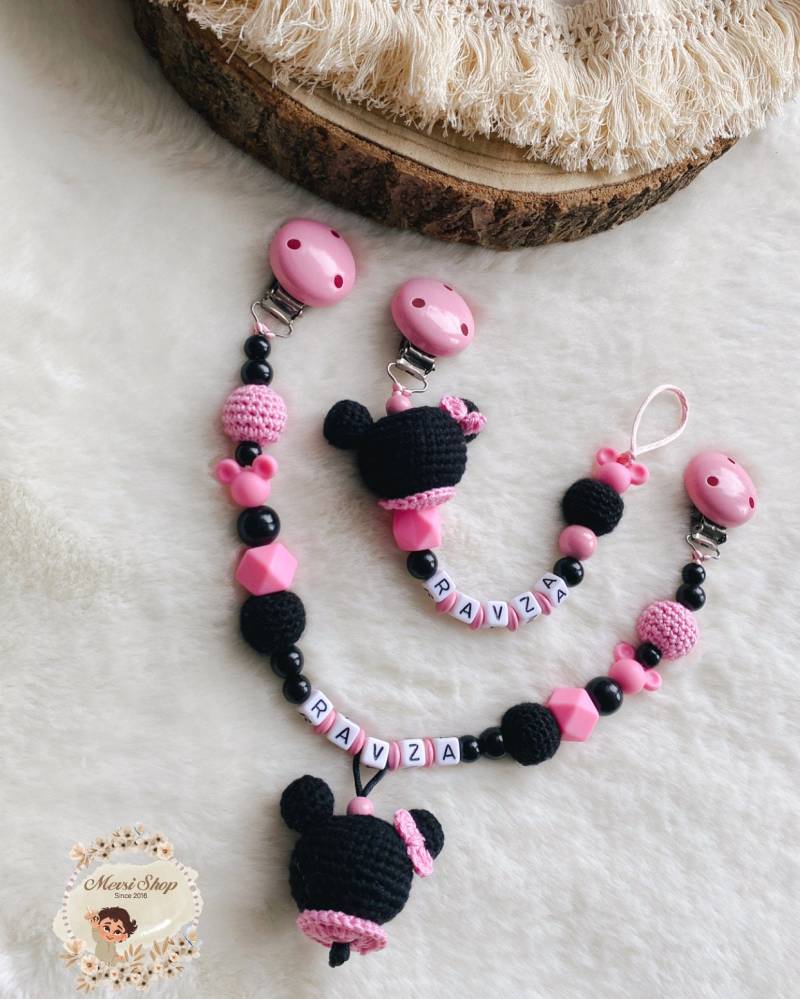 Schnullerkette Kinderwagenkette Minnie Maus Schwarz Pink von Etsy - MevSi