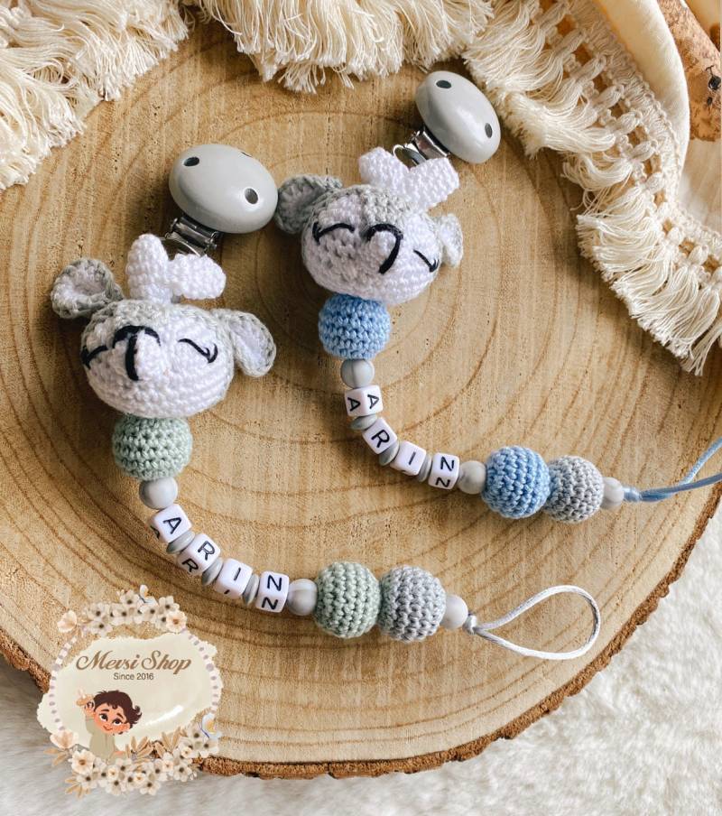 Schnullerkette Rassel Puppe Reh Grau Blau Mint von Etsy - MevSi